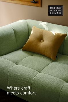 modern green sofa designed for hay with yellow throw pillow on top Hay Quilton Sofa, Quilton Sofa, New Modern Living Room, Modern Living Room Seating, Hay Sofa, Sleek Sofa, Plaid Sofa, Family Room Inspiration, Sectional Chaise