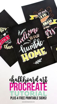 four black paper bags with hand lettering on them and the words welcome to our home