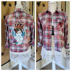 two pictures of a shirt with an angel on the front and back, one in pink plaid