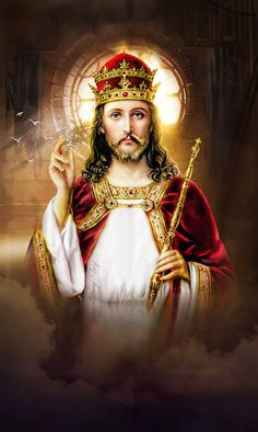 the image of jesus holding a cross in his hand and wearing a crown on it's head