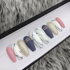 Color Marble, Marble Nail, Coffin Shape, Nail Sizes, My Nails, Girly Stuff, Nail Shapes, Nail Decorations, False Nails