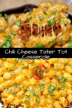 two pictures showing different types of cheese tater tot casserole