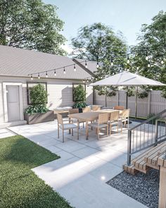 an outdoor dining area with patio furniture and umbrellas on the deck, surrounded by grass