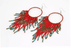 Native style beaded handmade fashion hook dangle earrings Red Turquoise Gold  Shipping: I ship USPS First Class or Priority Mail with delivery confirmation. I ship to the address given by the customer and cannot be held responsible for the customer inputting the wrong address.  Please make sure everything is correct before you order. -If USPS loses your package in transit, I will resend your item or replace it with something similar. -Once the package has been marked "Delivered" by USPS I am no I Love Gold, Dream Catcher Earrings, Wholesale Earrings, Native Style, Fashion Bohemian, Beaded Drop Earrings, Red Turquoise, Earrings Red, Beaded Fringe