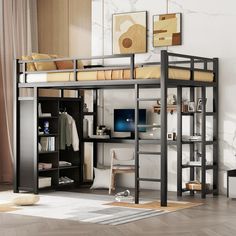 a loft bed with desk underneath it in a room that has hardwood floors and white walls