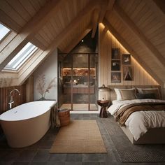 an attic bedroom with a large bathtub in the corner