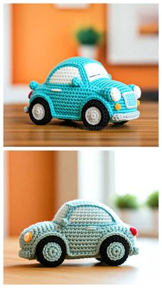 crocheted toy cars sitting on top of a wooden table next to each other