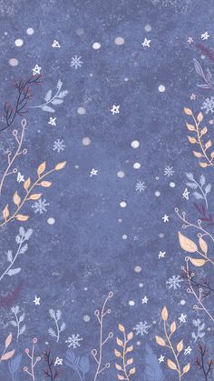 a blue background with snowflakes and leaves on it, as well as stars in the sky