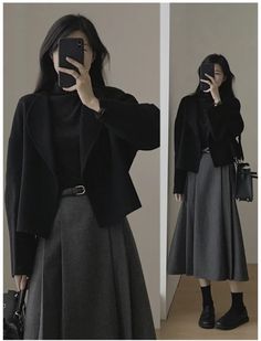 Casual French Fashion, Modest Monochrome Outfits, Winter Outfits Women Skirts, French Outfit Women, Modern Minimal Fashion, Solid Black Outfits For Work, Dark Academia Corporate Outfit, Black Sweaters For Women, Clothes Style Names