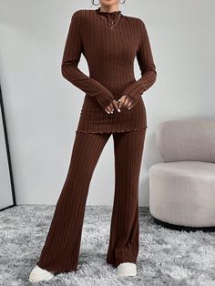 Coffee Brown Casual Collar Long Sleeve  Plain  Embellished Slight Stretch  Women Clothing Brown Flair Pants Outfit, Brown Long Sleeve Business Sets, Upcycling Wardrobe, Fitted Brown Cotton Sets, Casual Brown Stretch Sets, Casual Brown Loungewear Sets, Flair Pants Outfit, Fitted Brown Long Sleeve Sets