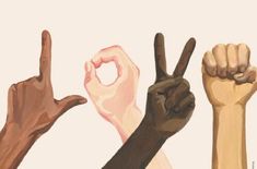 several different colored hands holding up the peace sign