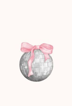 a watercolor drawing of a disco ball with a pink bow