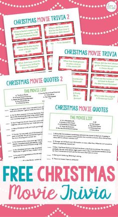 three christmas movie trivias with the text free christmas movies trivia on them