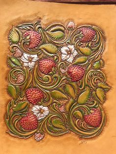 a painting with strawberries and flowers on it