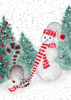 a snowman and a cat in front of a christmas tree