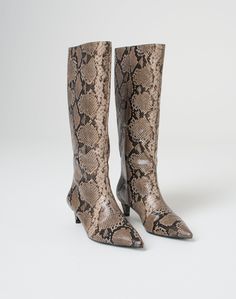 These knee high boots feature a side zip closure and a heel height of 4.5cm. Snake Print Boots, Boot Print, Snake Print, New Wardrobe, Snake Skin, Swimwear Accessories, Knee High Boots, Knee High, Heel Height