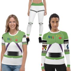 a woman wearing a green and white shirt with an image of the character buzz lightyear