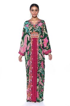 Buy Green Pure Crepe Print Mystic Fleur V Neck Kaftan For Women by Siddhartha Bansal Online at Aza Fashions. Green Printed V-neck Kaftan, Green V-neck Printed Kaftan, Green Silk V-neck Kimono, Green Floral Print Maxi Kaftan, Green Flowy V-neck Kimono, Traditional Green Floral Print Kaftan, Green V-neck Kaftan With Vibrant Print, Bohemian Green Kaftan With Kimono Sleeves, Traditional Green Floral Kaftan