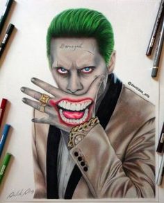 a drawing of the joker with green hair and makeup on his face, holding two fingers up