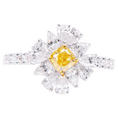 Welcome to the epitome of elegance—the 18 Karat Gold 2.706 Carat Fancy Yellow Diamond and Diamond Flower Ring. Our skilled artisans have meticulously crafted this piece, ensuring that each ring is a unique representation of timeless beauty. At the heart of this exquisite ring lies a floral design, brought to life with a meticulously curated collection of diamonds totaling 2.706 carats. These diamonds are thoughtfully arranged to resemble delicate petals, forming a bloom of unmatched brilliance a Luxury Yellow Gold Flower Ring With Diamond Accents, Luxury Yellow Gold Flower Ring With Diamonds, Elegant Yellow Flower Shaped Ring, Luxury Yellow Gold Diamond Flower Ring, Formal Yellow Gold Flower-shaped Diamond Ring, Luxury Gold Flower-shaped Diamond Ring, Fancy Intense Yellow Diamond Ring, Luxury Yellow Flower-shaped Jewelry, Diamond Flower Ring