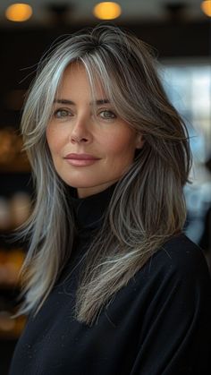 24 Gorgeous Long Hairstyles for Women Over 50 – Look Younger Today | Lookosm Silver On Brown Hair, Graying Hair Highlights, Brown And Gray Hair, Brunette Grey Blending, Models Over 50, Gray Bangs, Gray Highlights Brown Hair, Framing Balayage, Artwork Placement