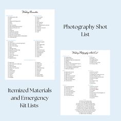 the photography shot list is shown in two different sizes