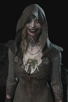 a creepy looking woman in a hooded outfit