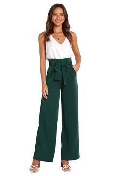 Wide legs punctuate these tailored pants designed with a drapey tie belt and crisp pleats. Zip fly with hook-and-bar closure Front slant pockets Removable tie belt Lined 100% polyester Hand wash, dry flat Imported How To Wear Pants To A Wedding, Day Out Paperbag Waist Bottoms With Tie Waist, Green Wide Leg Pants For Summer Formal, Green Wide Leg Pants For Formal Summer Events, Spring High Waist Belted Wide Leg Pants, Elegant High Waist Belted Wide Leg Pants, Chic Bottoms With Belted Cuffs And Paperbag Waist, High Waist Bottoms With Belted Cuffs For Spring, High Waist Belted Cuffs Bottoms For Spring