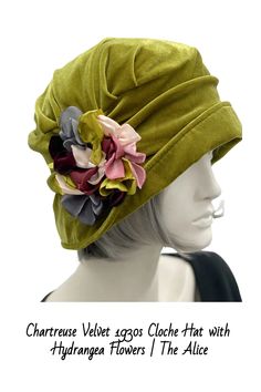 Chartreuse Velvet 1930s Cloche Hat with Hydrangea Flowers | The Alice https://www.bostonmillinery.com/products/chartreuse-velvet-1930s-cloche-hat-with-hydrangea-flowers-the-alice Chartreuse Velvet, 1930s Hats, Fun Hats, Bespoke Hats, Velvet Scarf, Hat Stand, Hydrangea Colors, Soft Hats, Chartreuse Green