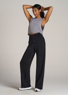 About Our Wide Leg Ultra High Rise Pant Comfort and style combine on these effortlessly chic pants for tall women. Designed with an ultra-high rise that's extra flattering, they have a modern wide leg with front seam details to highlight your long legs. We've made these tall women's pants specifically for your height, with a full length leg and inseam that's actually long enough. The tri-blend fabric is naturally wrinkle-resistant, and ready for a day of running errands or lounging at home. Two Chic Wide-leg Yoga Pants, Chic Straight Yoga Pants, Chic Yoga Straight Pants, Modern Wide Leg Bottoms With Elastic Waistband, Elevated Casual Wide Leg Bottoms, Chic Stretch Wide Leg Yoga Pants, Versatile Full-length Relaxed Fit Pants, Versatile Wide-leg Dress Pants With Relaxed Fit, Chic 4-way Stretch Bottoms For Loungewear