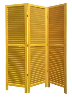 a yellow room divider with shutters on the sides and one section closed up