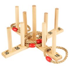 a set of four wooden ropes with numbers on them and two red balls in the middle