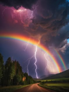 a rainbow appears in the sky over a dirt road as lightning strikes through the clouds