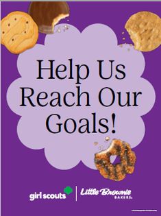 a purple poster with cookies and doughnuts on it that says help us reach our goals