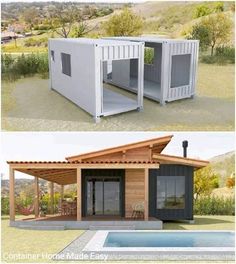 two pictures side by side of a house made out of shipping containers