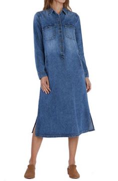 A versatile denim shirtdress in a midi silhouette lends casual charm to your style with welt pockets and flowy slits at the hemline. 45 1/2" to 46 1/2" length (size Small) Front button closure Spread collar Long sleeves with button cuffs Front welt pockets 100% cotton Machine wash, tumble dry Imported Relaxed Fit Long Sleeve Denim Dress, Long-sleeved Denim Dress With Pockets For Summer, Casual Non-stretch Long Sleeve Denim Dress, Button-up Washed Denim Dress With Relaxed Fit, Long Denim Dress, Medium Wash Cotton Button-up Denim Dress, Printed Casual Dresses, Denim Shirt Dress, Love Blue