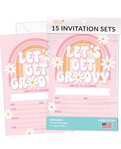 two pink and yellow birthday party cards with the words let's get grooy on