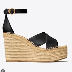 Espadrilles Leather Crossover Straps Logo-Embellished Open Round Toe Wedge Jute Heel Buckle-Fastening Ankle Strap Rubber Sole Leather Espadrilles With Buckle Closure And Wedge Heel, Black Espadrilles With Woven Wedge Heel, Black Wedge Heel Espadrilles With Woven Sole, Tory Burch Wedges, Closed Toe Wedges, Tory Burch Espadrilles, Beige Wedges, Black Espadrille-style Wedge Sandals With Platform, Pink Wedges