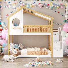 a child's room with balloons and toys on the floor, including a bunk bed