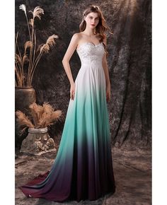 Buy strapless sweetheart lace chiffon long prom dress ombre white green blue at wholesale price online. High quality custom-made service pro since 2009. Teal Ombre Wedding Dress, Ombre Mermaid Dress, Ombre Prom Dresses With Sleeves, Prom Dresses Ombre, Blue And Green Wedding Dress, Green Ombre Wedding Dress, Dyed Wedding Dresses, Dip Dyed Wedding Dress, Train Prom Dresses