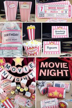 movie night birthday party with popcorn boxes and decorations