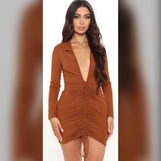 Ruched Mini Dress. Brand New From Fashion Nova Brown Ruched Knee-length Mini Dress, Knee-length Ruched Brown Mini Dress, Brown Ruched Mini Dress For Date Night, Brown Ruched Mini Dress, Fall Day Out Ruched Mini Dress, Brown Ruched Dress For Date Night, Brown Ruched Dress For Day Out, Ruched Mini Dress, Fashion Nova Dress