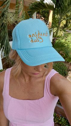 Custom embroidered Sunshine Club Trucker Hat Embroidered Sunshine, Pearl Bride, Snap Backs, Black Diamond, Blue Yellow, Trucker Hat, Two Tone, Crew Neck Sweatshirt, Hats