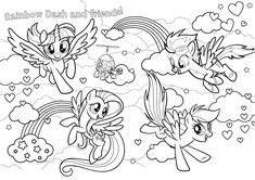 three little ponys flying through the sky with rainbow dash and friends coloring pages for kids