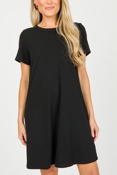 Casual Ribbed Mini Dress For Loungewear, Solid Color Stretch Mini Dress With Short Sleeves, Casual Black Mini Short Sleeve Dress, Casual Black Short Sleeve Dress, Short Sleeve Shift Mini Dress, Stretch Dresses With Short Sleeves In Solid Color, Stretch Solid Color Dresses With Short Sleeves, Casual Solid Color Knee-length Short Sleeve Dress, Casual Stretch Dress With Ribbed Neckline