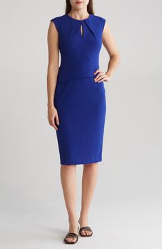 A dainty keyhole flanked by pleats adds detail to a sheath dress that's built with stretch for desk-to-dinner comfort. 41" length (size 2) Hidden back-zip closure Jewel neck Sleeveless 96% polyester, 4% spandex Dry clean Imported Stretch Sheath Midi Dress With Lining, Workwear Midi Dress With Pleated Back And Fitted Bodice, Elegant Midi Dress With Keyhole Back, Classic Fitted Midi Dress With Pleated Back, Bodycon Sheath Midi Dress Lined, Lined Bodycon Sheath Midi Dress, Classic Fitted Midi Dress With Back Zipper, Fitted Dresses With Keyhole Back, Fitted Midi Dress With Pleated Bodice And Straight Neckline