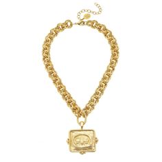 Squared Bee Intaglio on Textured Double Linked Chain Necklace 16 inches with a 3 inch Extender Chain Handcast 24Kt Gold Plated Handmade in San Antonio, TX Gold-tone Pendant Medallion Necklace, Elegant Gold Medallion Necklace With Cable Chain, Elegant Gold Medallion Necklace On Cable Chain, Gold Medallion Necklace With Cable Chain As Gift, Elegant Gold Medallion Necklace With Chain, Gold Medallion Necklace With Chain, Gold Medallion Necklace With Chain Detail, Yellow Gold Chain Necklace With Square Pendant, Gold Jewelry With Square Pendant Chain