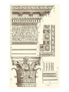 a cross stitch pattern showing the details of an ornate column and capital, in white