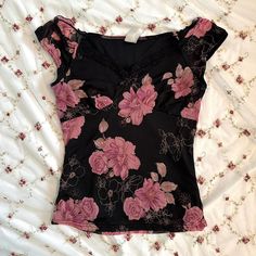 from bratfairy on depop 🎀 Fitted Lace Vintage Tops, Vintage Spring Tops With Lace Trim, Spring Vintage Lace Trim Tops, Depop Vintage, Vintage Black Top With Lace Trim, Coquette Tops Depop, 2000s Clothing, Babydoll Blouse, Mesh Blouse