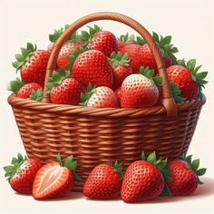 a wicker basket full of strawberries with green leaves